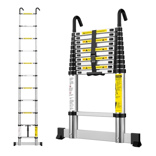 EASelect Telescopic Ladder 3.2M Aluminium Extension Loft Ladder with Stabilizer Bar Non-Slip Feet and Detachable Hooks EN131 Portable Extendable Folding Ladders for Roof Attic Caravan