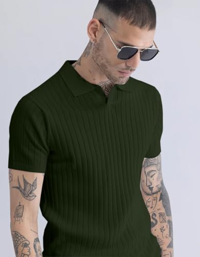 Image of Veirdo Men's Casual Ribbed Polo Collar Knit T-Shirt | Regular Fit Half Sleeve Polo for Men | Flat Knit Textured T-Shirt Perfect for Office, Party, Travel