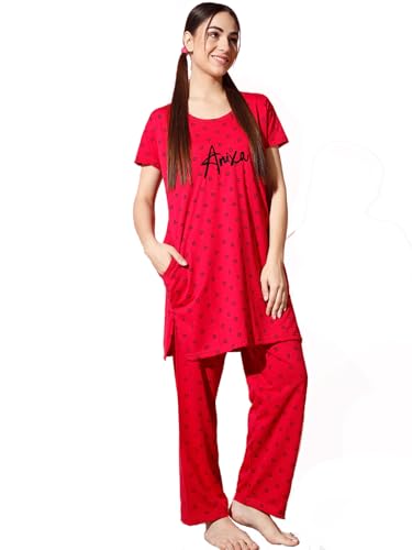 Image of Printed Round Neck Short Sleeve Nightsuit Set | Casual Night Dress for Women
