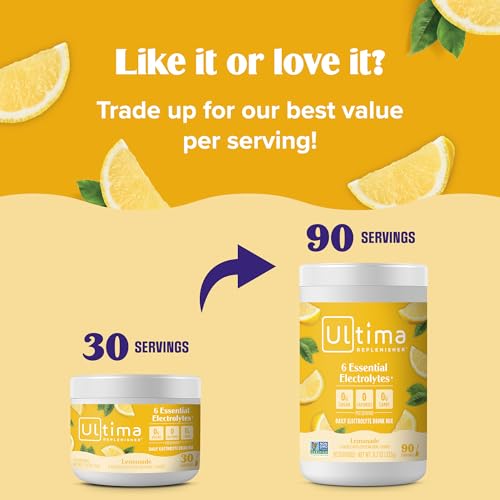 ultima replenisher daily electrolyte powder drink mix  sugar free  lemonade 30 servings  hydration powder with 6 key electrolytes and trace minerals  keto friendly vegan non-gmo