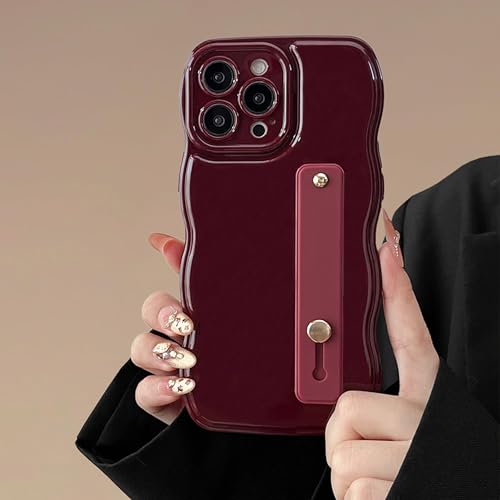 FABSPARK Phone Case for iPhone 16 Pro with Flexible Adjustable Soft Finger Hand Wrist Strap Holder Kickstand,Wave Design Wavy Frame Silicone Aesthetic for iPhone 16 Pro Phone Case,Wine Red