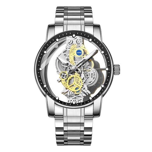 FORSINING Montre analogique à quartz pour homme, montre de poignet squelette transparente, cadran de luxe en acier inoxydable, résistante à l'eau, lumineuse, argent, bracelet