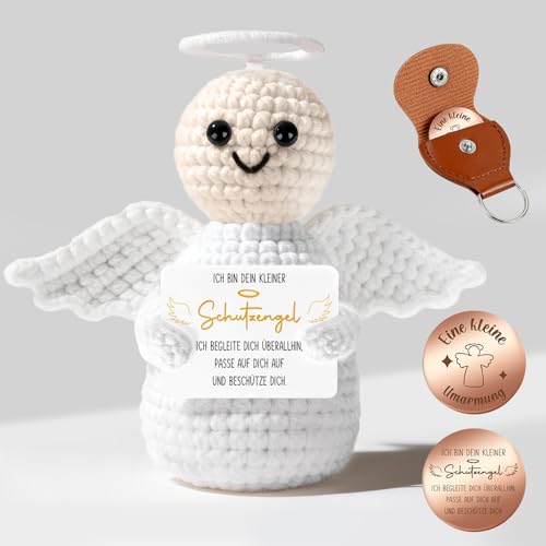 Giftota Pocket Hug Schutzengel - Handgehäkelte Schutzengel mit Glücksmünze & Lederetui - Glücksbringer Mutmacher Gute Besserung Geschenk - Geschenke für Frauen Männer Freundin Familie