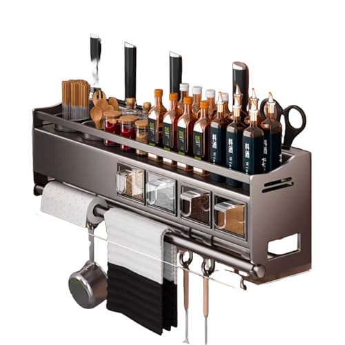 Estante de especias montado en la pared con ganchos para utensilios y toallas de papel y soporte para cuchillos, estante de almacenamiento de cocina de metal de 68 cm para armario y fácil acceso