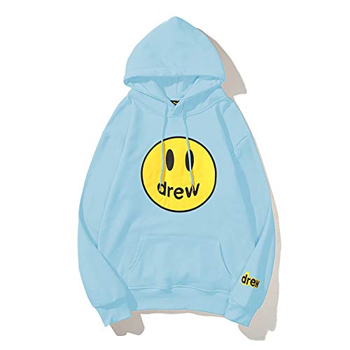 Drew House Hoodie Smiley Face Bieber Couples Hooded Sweatshirts Pullover Trendy Hip Hop Sweater Tops for Men Women Teens (Sky Blue,X-Large)