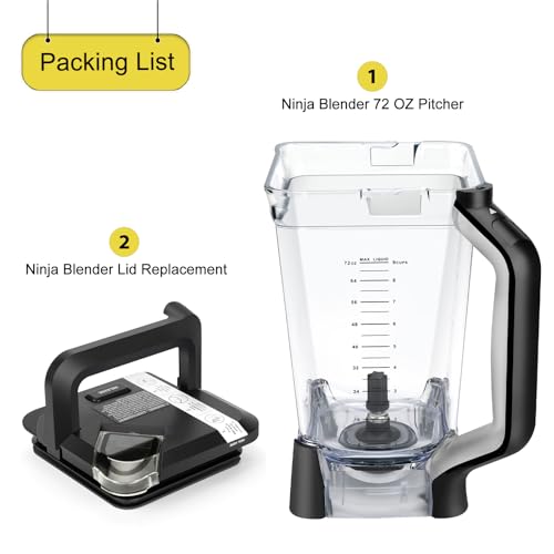 Ninja Blender Replacement Parts - 72oz Pitcher with Locking Lid, Vaso de Licuadora Ninja Blenders Cups Compatible with BL610, BL610BRN, BL610C, BL710WM, CO610B, CO650B, CT610 ect.