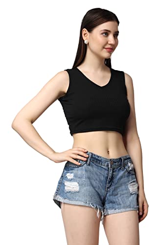 Image of POPWINGS Casual Solid Ribbed Crop Top for Women || Sleeveless & V-Neck Crop Tops for Women Black
