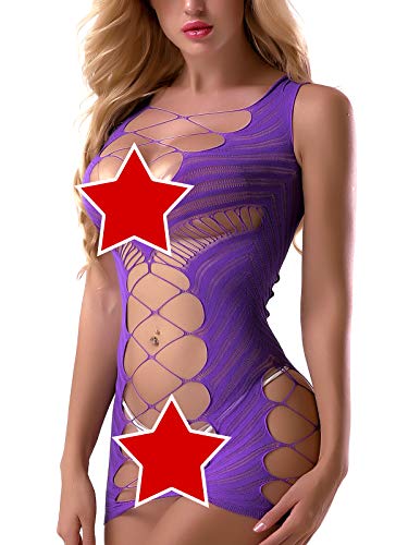 FasiCat Sexy Lingerie for Women Fishnet Halter Chemise Deep V Hot Mesh Mini Dress Bodysuit Purple
