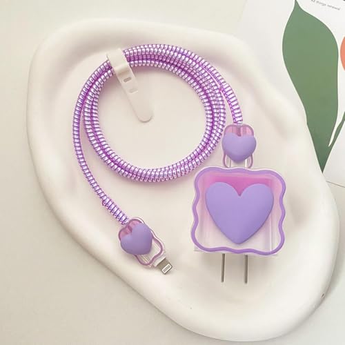 Image of INEFABLE Charger Case Cover Protector with 3D Cute Pattern for iPhone Charger only 18W & 20W, Data Charging Cable Wire Saver Protective Cable Cover Full Protection - Set of 1 (Purple Heart)