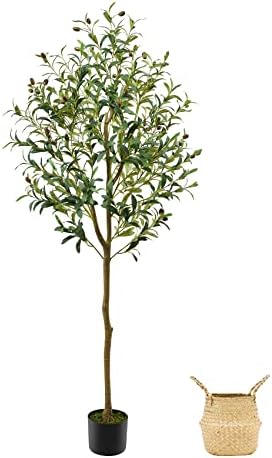 Guheake Artificial Olive Tree 5FT, Tall Faux Potted Olive Silk Tree with Large Faux Olive Branches and Fruits Artificial Green Plant for Home Office Living Room Decor Indoor