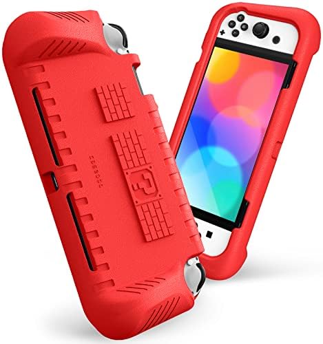 Fintie Kids Case for Nintendo Switch OLED Model 2021 with 2 Game Card Slots – [Kids Friendly] Ultralight Shockproof Protective Cover, Ergonomic Grip Case for Switch OLED Model Console 7.0″, Red