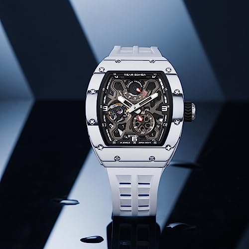 Tsar Bomba Automatic Watch For Men Mechanical Skeleton Watch, 50M Waterproof Power Reserve Mens Watches, Luxury Tonneau White Carbon Fiber Wristwatch, Unique Gifts For Men #TOP7