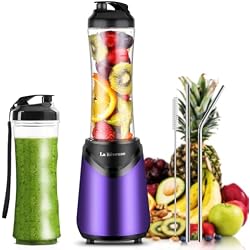 La Reveuse Personal Size Blender for Shakes and Smoothies, 2 Cups, Purple | (2) 18oz Portable Cups with Spout Lids, Push to Blend, Compact for Home, Apartment, Office, Dorm, Electric 300W, LARB1802P2