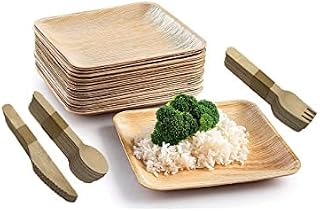 Palm Leaf Plates with Wooden Cutlery -[100 Pack - 25 Square-24cm Plates, 25 Forks, 25 Spoons, 25 Knives] Disposable Biodegradable Party Paper Plates, Wedding, Camping, Events
