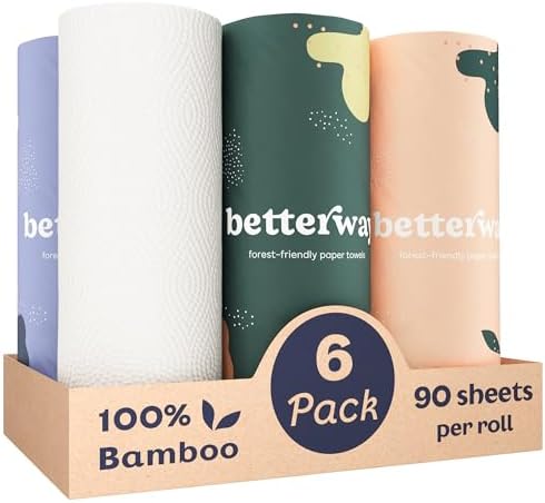 Betterway Bamboo Paper Towels - 6 Rolls, 2 Ply - Plastic Free, Disposable Kitchen Paper Towels - Select Size, Tree Free, Compostable, Strong & Absorbent, No Dyes