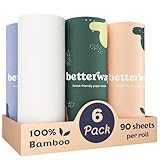 Betterway Bamboo Paper Towels - 6 Rolls, 2 Ply - Plastic Free, Disposable Kitchen Paper Towels - Select Size, Tree Free, Compostable, Strong & Absorbent, No Dyes - PFAS Free