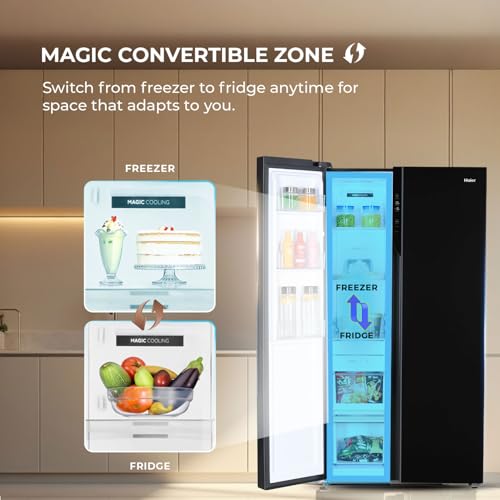 Image of Haier 602L 3Star 2 Door Side by Side Frost Free Refrigerator|100% Convertible|Expert Inverter Technology|Digital Display Panel|Triple Twist Ice Maker|Deo Fresh Technology (HRS-682KS, Black Steel)
