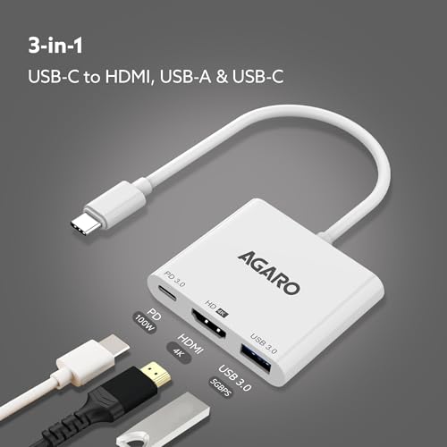 Image of AGARO 3-in-1 USB Type-C to HDMI Multi-Port Hub, 4K HDMI Output, USB 3.0 High-Speed Data Transfer, Type-C PD Fast Charging, Compatible with MacBook, Laptop, Tablet, Smartphone & All Type C Devices