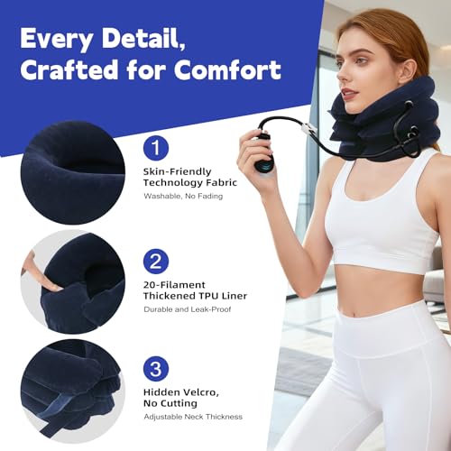 Image of Cervical Neck Traction Device for Home Use, 3-Layer Inflatable Neck Stretcher with Adjustable Air Pressure and Hand Pump, Portable Cervical Decompression Device
