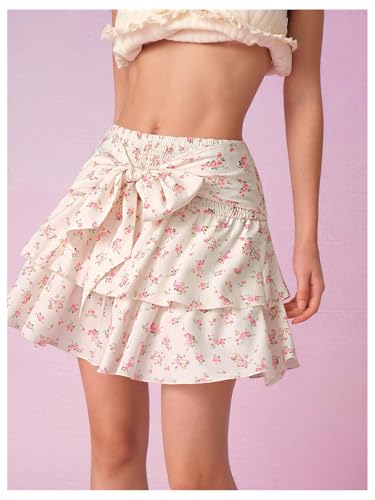 MakeMeChic Women's Floral Mini Skirt Tiered Tie Front Ruffle Smocked Summer Skirts2