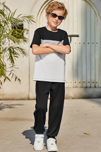 Image of Arshiner Boy's Pants Set - 2 Piece ColorBlock Short Sleeve T-Shirt and Active Pants - Casual Clothing Outfits 5-12 Years