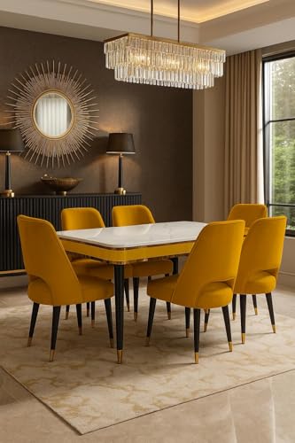 Image of WOODEN SPACE 6-Seater Wooden Dining Table Set | Nano Composite Marble Top | Solid Wood Base | Modern Dining Room Furniture with 6 Chairs (Yellow Vintage)
