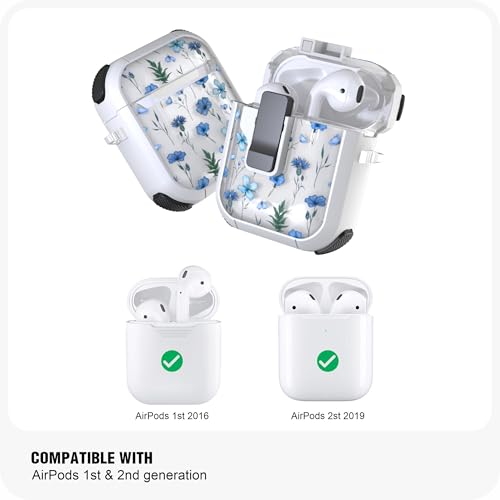 Image of WENEW Case for AirPods 1 & 2 Case Cover Secure Lock Automatic Snap Switch Clip Cleaner Kit Lanyard Women Stylish Flower Armour Hard Shell Full Body (Blue, AirPods 1st & 2nd)