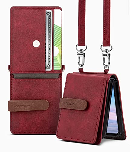 Goospery Wallet Case Compatible With Galaxy Z Flip 4 Case, Detachable Card Holder 2 Card Pocket Storage Premium Pu Leather Adjustable Cross-Body Strap Attached Earbud Cord Organizer, Burgandy #TOP21