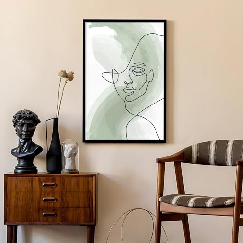 Image of Ritwika's Abstract Wall Art Of Outline Of Women Portrait Water Color Painting | With Frame Perfect For Home Office Decor | Green And Black | Size 13.5 x 19.5 Inch, Set of 1 (01 - WOMEN)
