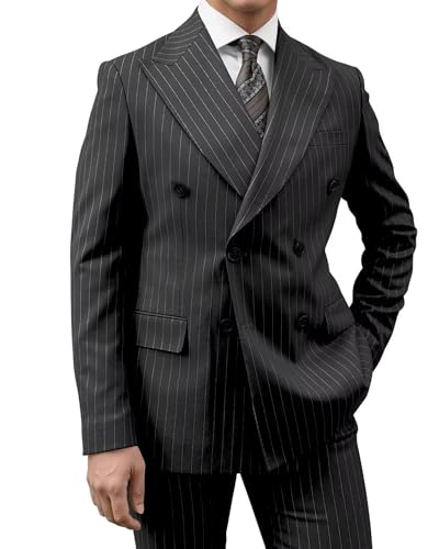 Mens Double Breasted Pinstripe Suit 2 Piece Set Business Formal Wedding Striped Slim Fit Suits for Men