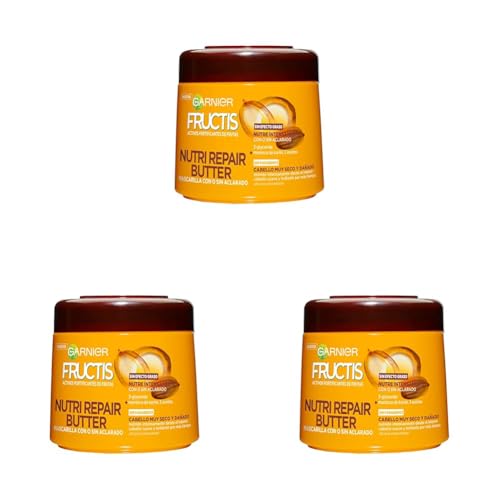 Garnier Fructis Nutri Repair Butter Mascarilla Fortificante que Nutre y Suaviza, con 3-Glyceride, Manteca de Karité y 3 Aceites, 300 ml (Paquete de 3)