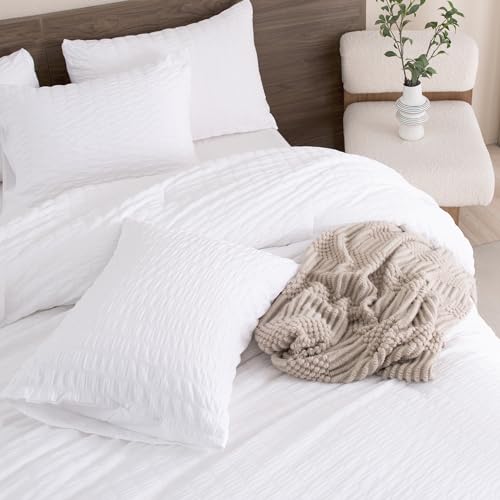 Andency SEERSUCKER WHITE K King Size Comforter Set White, 3 Pieces Seersucker Bedding Comforter Sets thumb #4