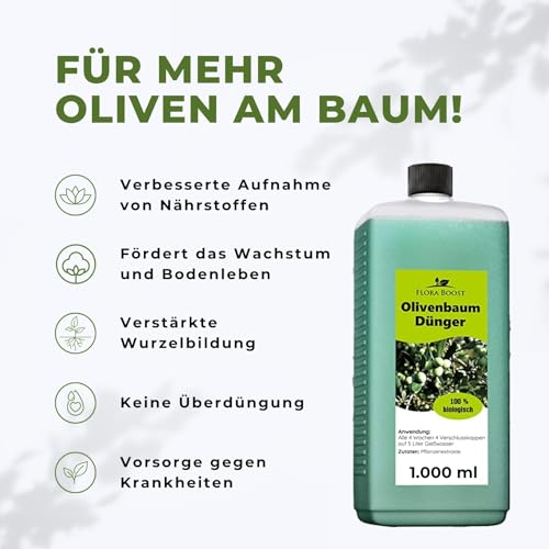 Flora Boost Olivenbaum Dünger Flora Boost 1000ml I Für bis zu 200L Gießwasser I Langzeitdünger für verbesserte Blütenbildung I Flüssiger Blatt- & Wurzeldünger I 100% natürlicher Pflanzendünger