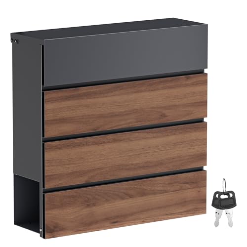 Toboli Briefkasten V63 Anthrazit und Holzdesign 410 x 130 x 370 mm, Wandbriefkasten mit Schloss, Soft Close Klappe und Zeitungsfach, Postkasten aus Stahl pulverbeschichtet