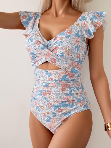 Image of B2prity One Piece Swimsuits for Women Ruffle Sleeve V Neck Bathing Suit Tummy Control Cutout Monokini Slimming Swimwear