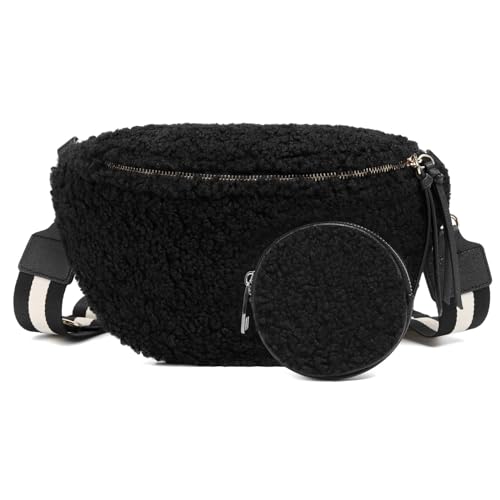 ER.Roulour Bauchtasche Plüsch Damen Umhängetasche Gürteltasche Hüfttasche mit Breiter Gurt und Münze Crossbody Bag (Schwarz)