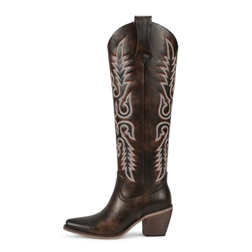 Image of wetkiss Women's Pointed Toe Cowboy Boots | Knee High Cowgirl Boots, Retro Embroidery, Chunky Heel, Pull-On, Style for a Classic Western Look,Stable and Comfortable