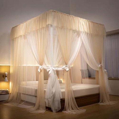 4 Corners Post Princess Mosquito Net Double Layer-Curtain & Ruffle Bed Canopy Curtain 3 Opening Netting for Girls Adults Bedroom Decoration,Champagne-Full