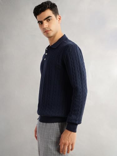 Image of Thomas Scott Men's | Regular Fit | Long Sleeves | Self Design | 100% Cotton | Button Closure | Dry Clean | Polo Collar | Knitted | T-Shirt