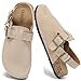 DDXYYDS Women's Suede Clogs with Back Strap Men's Cork Footbed Leather Mules Clogs for Women Comfort Memory Foam Slingback Clog Sandals with Adjustable Buckle Slip on Potato Shoes Beige