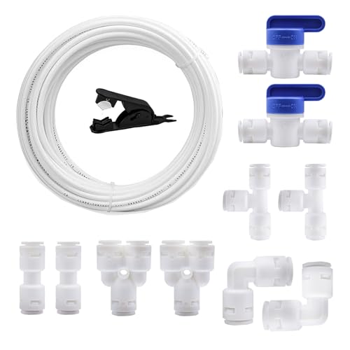 HAXIHA 5 Metros Manguera de Suministro de Agua Universal,Kit de Conector de Manguera de Refrigerador de 1/4'(Y+T+I+L Combo+Válvula de Cierre) para Sistemas de Ósmosis Inversa RO y Filtros,Blanco