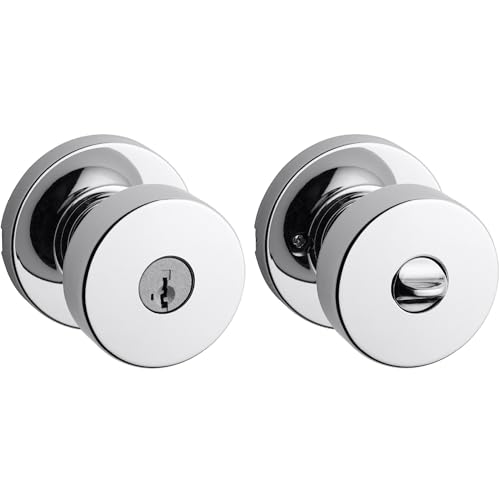Image of Kwikset Pismo Entry Door Knob with Lock and Key, Secure Keyed Handle Exterior Doorknob, Front Entrance and Bedroom, Polished Chrome, Pick Resistant SmartKey Rekey Security