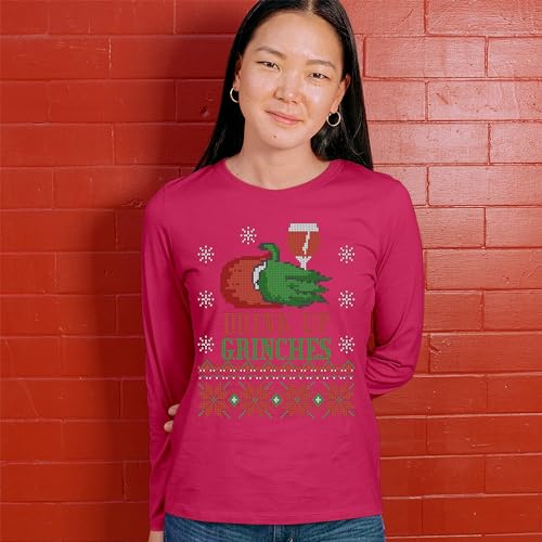 Camiseta feminina manga longa Drink Up Grinches Ugly Sweater Christmas Drinking, Rosa choque, P