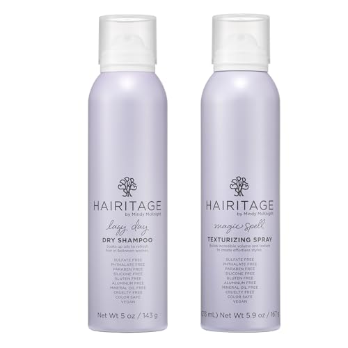 Hairitage Cleanse + Style Dry Shampoo Set - Lazy Day Dry Shampoo + Texturizing Volume Spray - Translucent Oil Absorbing + Ultra-Light Hold Styling Hairspray for Curls Waves & Fine Hair