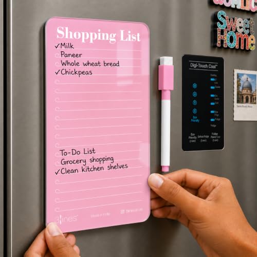 Image of 3 Lines Acrylic Magnetic Shopping List Notepad for Fridge │ To-Do List & Meal Planner │ Dry Erase Marker Included │ Kitchen Organisation │ 12 x 24 cm | Pink Guava color | Large