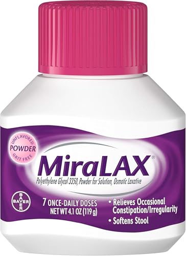 MiraLAX Laxative Powder, Gentle Constipation Relief for Adults, Stool Softener with PEG 3350, Nonstimulant Laxative, No Harsh Side Effects, Osmotic Laxative, 7 Dose