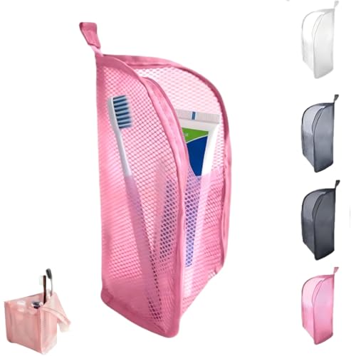 Standing Toiletry Bag for Travel, Clear Waterproof Woven EVA Mesh Cosmetic Makeup Organizer, Foldable Hanging Bathroom Storage for Toiletries & Toothbrush, Lightweight, 8.6x5.1x5.1" (Pink)