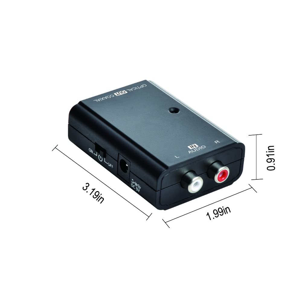 Toslink or Coaxial (in) to Analog RAC L/R (Out) Audio Converter, Input Selection Switch, Supports LPCM, AC3, DTS Audio, Sample Rate up to 192KHz and 24-bit Audio Depth (GEN-325)