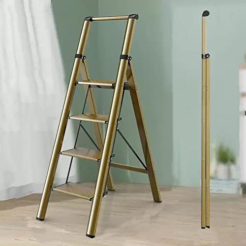 Escalera plegable multifunción de aleación de aluminio con escalera telescópica, color dorado champán, escalera de escalada de 4 escalones