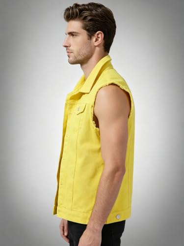 Image of Men's Sleeveless Ripped Denim Vest Casual Slim Fit Button Down Jeans Vests Jacket